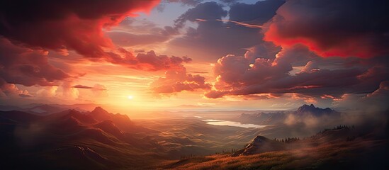 Fototapeta premium A painting depicting a vibrant summer sunset over a jagged mountain range, with red clouds streaking across the sky and rays of sunlight casting a warm glow over the landscape.