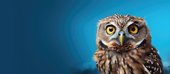A close-up of an owl with yellow eyes staring intensely. The owls face is highlighted, showcasing its piercing gaze and unique features against a blue background.