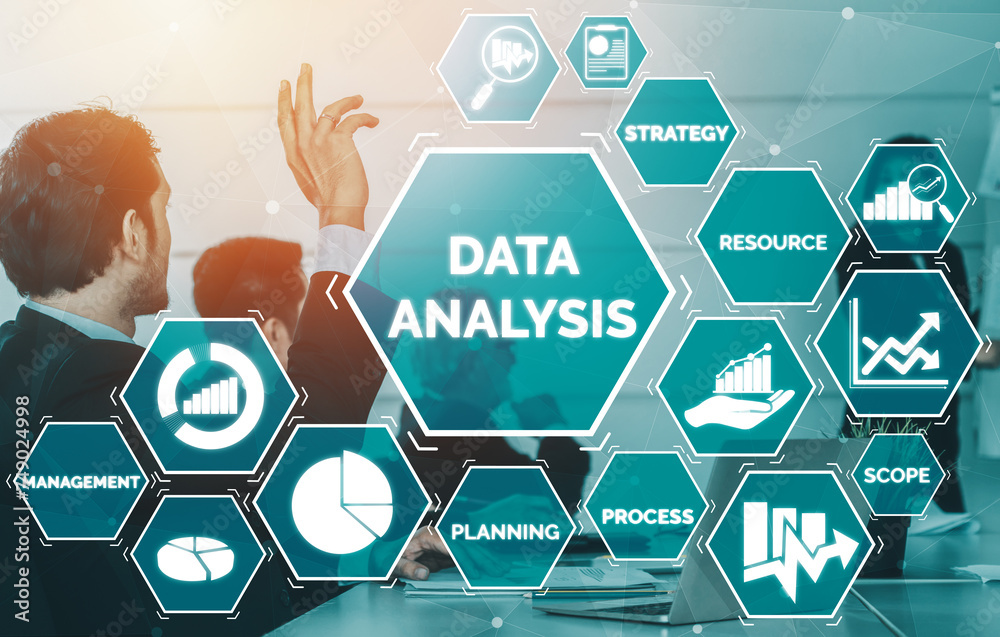 Poster data analysis for business and finance concept. interface showing future computer technology of prof