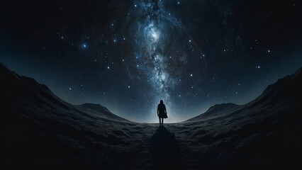 Amidst a desolate landscape, a lone traveler gazes upward at the breathtaking expanse of a cosmic cloud formation - obrazy, fototapety, plakaty