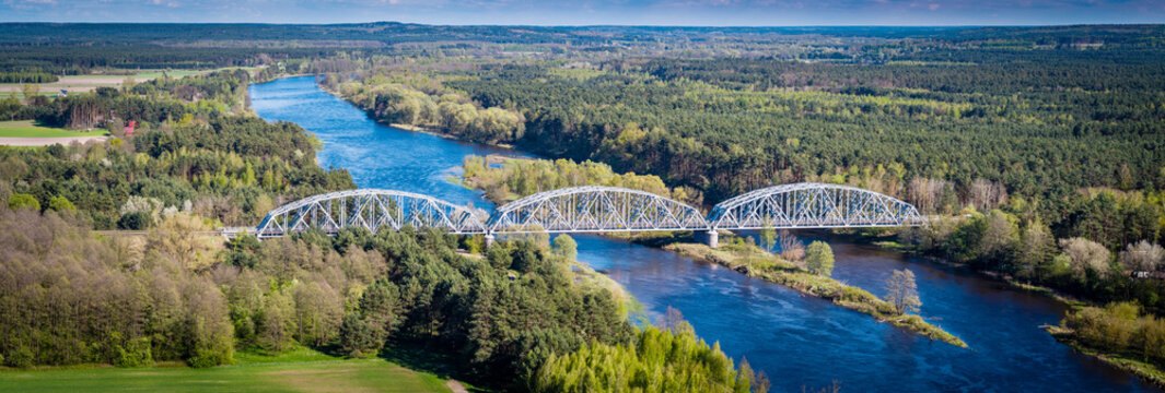 Railway bridge over the Bug river, aerial landscape © lukszczepanski