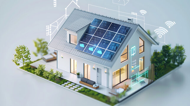 
image portrays a modern house equipped with solar panels on the roof, surrounded by various graphical representations