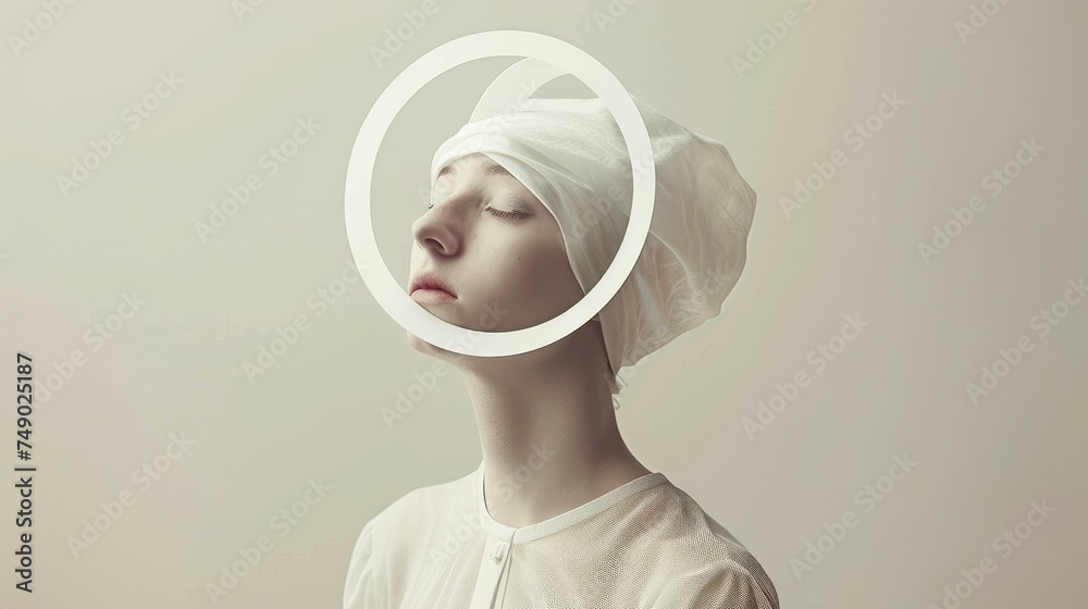 Aufkleber a contemplative image representing a woman with a serene expression and a floating halo above her