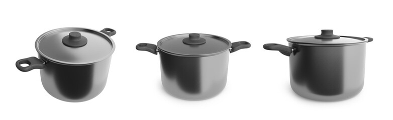 large stainless steel pan on white backdrop