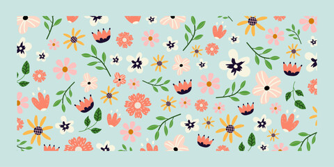 Horizontal floral background. Vector cute illustration. Summer and spring blooming flowers isolated on blue background. Banner for seasonal holidays, easter. Poster,background. - obrazy, fototapety, plakaty