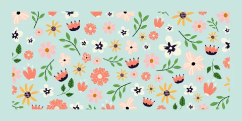 Muurstickers Horizontal floral background. Vector cute illustration. Summer and spring blooming flowers isolated on blue background. Banner for seasonal holidays, easter. Poster,background. © Hanna Perelygina