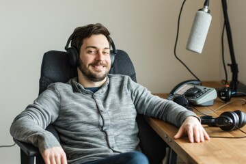 Happy male podcaster with headphones in a studio, exuding a warm, friendly vibe