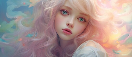 Naklejka premium A cute painting showcasing a woman with beautiful blonde hair. The artwork captures her graceful features and flowing hair.
