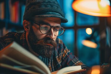Avid reader immersed in literature surrounded by warm ambient light and a nostalgic atmosphere in a quiet space