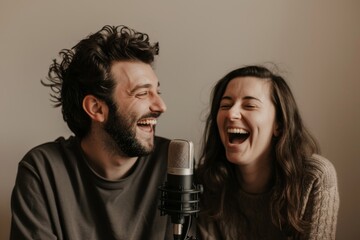 A joyous couple shares a laugh in front of a professional microphone, seemingly enjoying a casual podcast recording