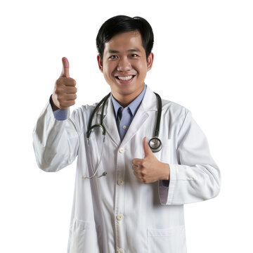 Portrait of asian male doctor, giving a thumbs up and smiling happily, waist up photo, isolated on white