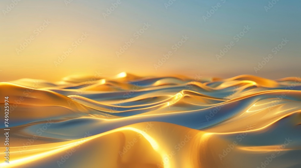 Poster a serene image evoking the first light of sunrise gently illuminating golden waves, simulating the t