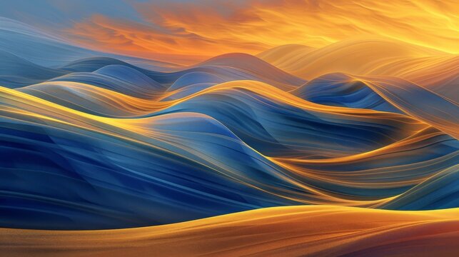 This dynamic image depicts rolling dunes with a smooth, wavelike pattern, basked in a striking contrast between cool blues and warm sunset tones