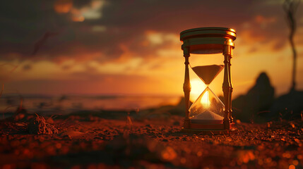 Hourglass on the beach at sunset. Concept of time passing.