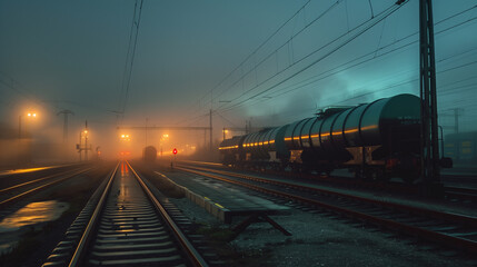 Fototapeta premium Railway station in a foggy morning with freight cars and lanterns