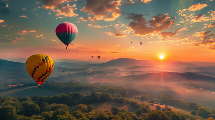 Hot air balloons flying over the valley at sunrise. Beautiful summer landscape.