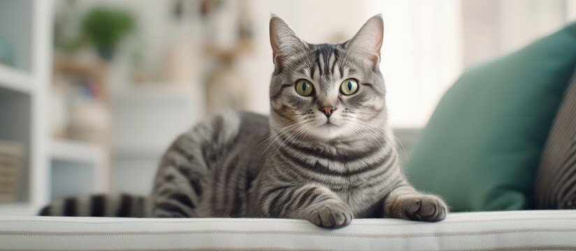 A beautiful grey tabby cat is sitting on a couch and attentively looking at the camera in a cozy home living room setting.