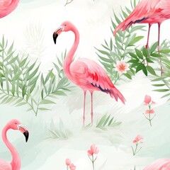 Seamless pattern of pink flamingos and palm leaves on a white background. Summer beach design. Can be used for printing on fabric, notebooks