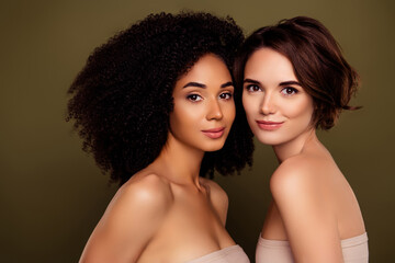 Portrait of two alluring girls flawless smooth skin feel self confidence together isolated on khaki color background
