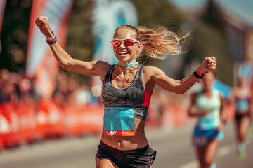 Triumph at the Finish Line: Joyful Female Runner Winning the Race