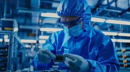 In an ultra-modern electronic manufacturing factory, a design engineer clad in sterile coveralls meticulously inspects a microchip while wearing gloves. - obrazy, fototapety, plakaty