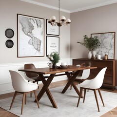 A mock-up poster map, a hardwood walnut table, design seats, a cup of coffee, decorations, tableware, and tasteful personal items complete this chic dining room setting. model.