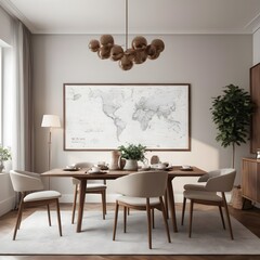 A mock-up poster map, a hardwood walnut table, design seats, a cup of coffee, decorations, tableware, and tasteful personal items complete this chic dining room setting. model.