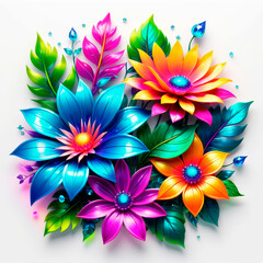 Floral illustration with shiny vibrant neon flowers and leaves, digital illustration style