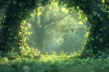 photo realistic style , arched garland made in green leaves , house of forest’s friends to the left , squirrels and chipmunks to the right - obrazy, fototapety, plakaty