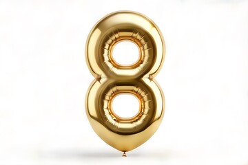 golden balloon shape for number 8 on white background, Golden number eight balloon shape for birthdays, parties and celebrations