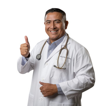 Portrait of hispanic male doctor, giving a thumbs up and smiling happily, waist up photo, isolated on white
