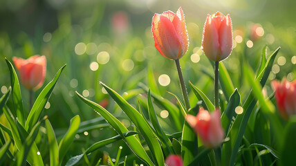 Collection of pink tulips glistening with water droplets