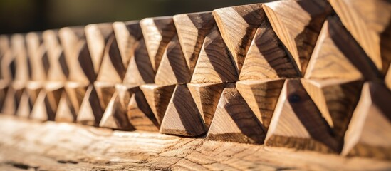 This close-up shot features a wooden bench crafted from solid timber, showcasing intricate details and craftsmanship. The focus is on the end part of a wooden beam carved in the shape of a pyramid.