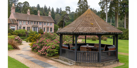 A romantic gazebo in a pink garden, where a couple can enjoy the aroma of flowers and listen to b