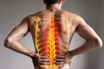 Man on his back holds his lower back in pain with his hands. A red spine is shown in the photo