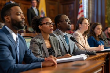 A group of multiracial people are seated at the table in a courthouse