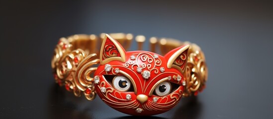 A detailed view of a red cat mask adorned with shiny crystals or diamonds placed on a table. The mask is intricately designed with feline features and a vibrant red color.