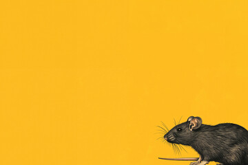 rat noir assis dans l'angle la queue ramenée vers lui, sur un fond jaune orangé avec espace négatif pour texte copyspace. Surpopulation des rats dans les villes - extermination