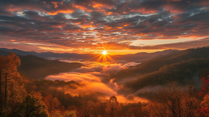 A breathtaking sunrise unfolds over the Smoky Mountains, awash with colors and morning mist AI Generative.