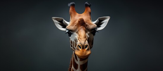 A detailed close-up of a giraffes head is shown against a stark black background. The giraffe exudes a sense of confidence and elegance, with its distinctive long neck and patterned fur visible. - obrazy, fototapety, plakaty