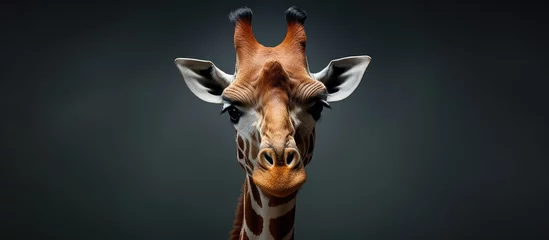 Fotobehang A detailed close-up of a giraffes head is shown against a stark black background. The giraffe exudes a sense of confidence and elegance, with its distinctive long neck and patterned fur visible. © AkuAku