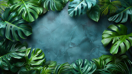 Group of Green Leaves With Blue Background - obrazy, fototapety, plakaty