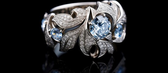 A luxurious white gold ring adorned with a vibrant blue topaz gemstone and sparkling diamonds, creating a stunning and exquisite design.