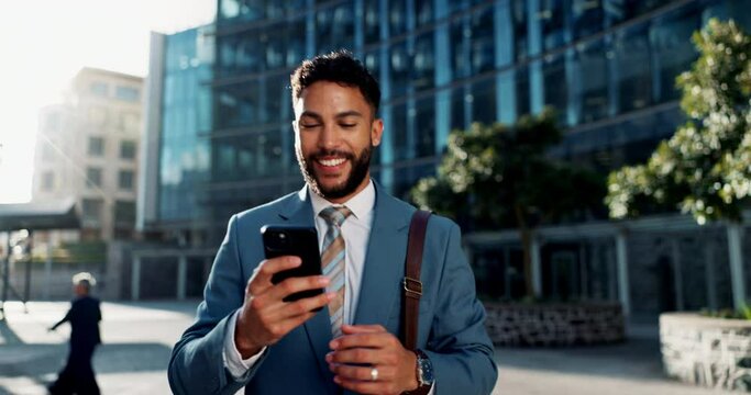 Businessman, travel and happy for message on cellphone, notification and email of job offer in city. Corporate professional, commute to work and scroll on smartphone for social media or networking
