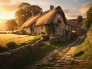 "Golden Sunset Over the Dale: Warmth and Serenity in English Countryside Photography with Stone Bridge, Thatch Roof House, and Epic 8k Panorama"