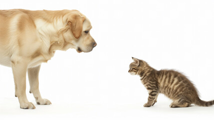 A cute Labrador Retriever dog is curious about a kitten