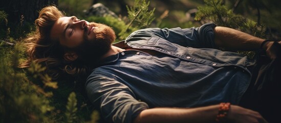 A bearded hipster man with his eyes closed, laying peacefully on the grass in a forest setting, lost in his dreams. - obrazy, fototapety, plakaty