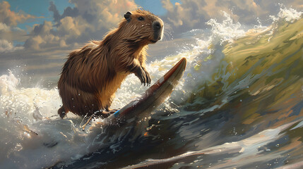 capybara surfing - obrazy, fototapety, plakaty