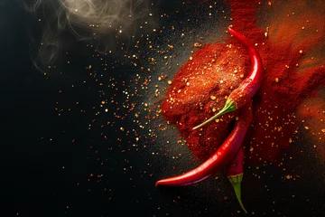 Fotobehang raw red chilly and powder burst isolated on black background, close up. High quality photo © Starmarpro