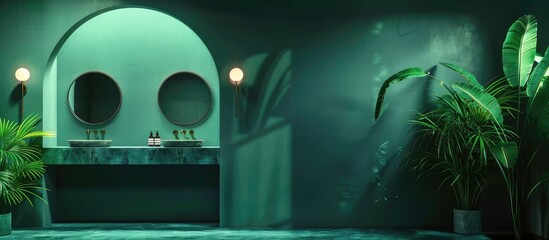 A dark green bathroom with two sinks, mirrors, an empty green wall, concrete tile floor, and a houseplant. The setting conveys a concept of cleanliness and spa-like relaxation.